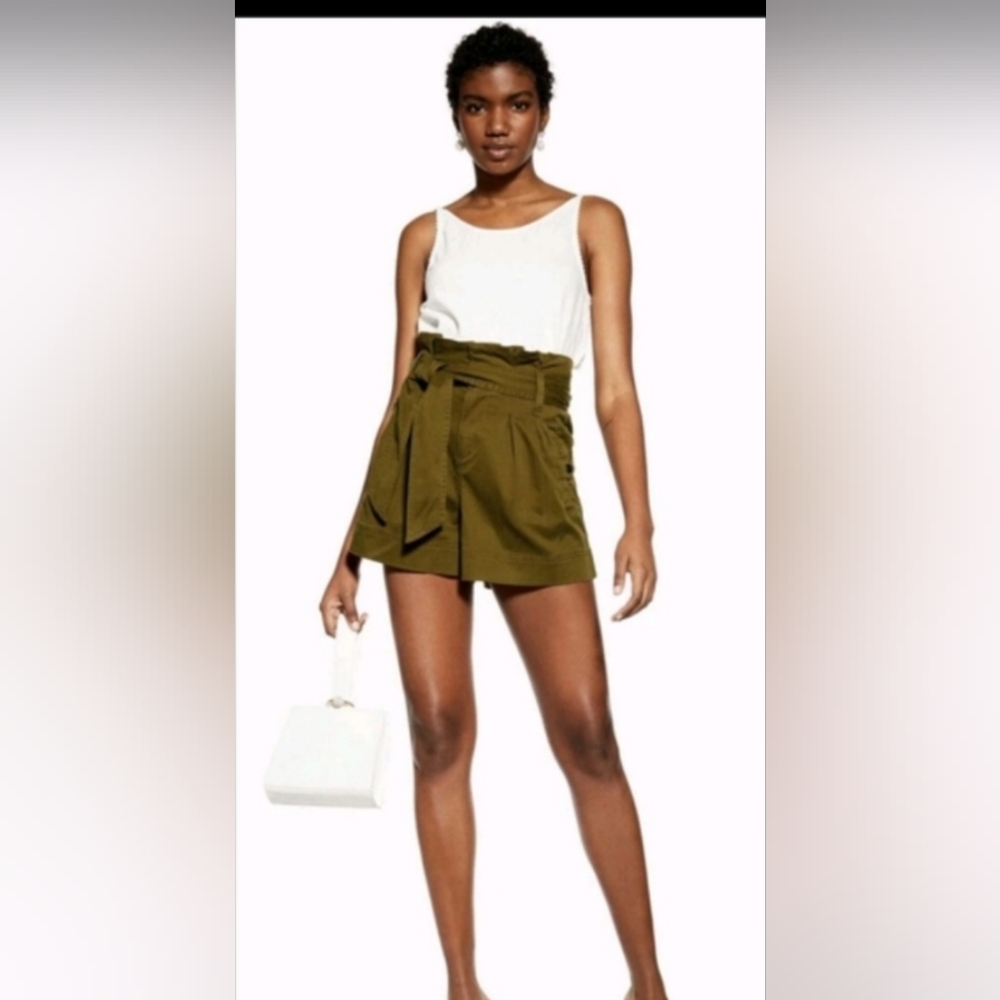 Topshop Olive Green Paper Bag High Rise Shorts Size 6